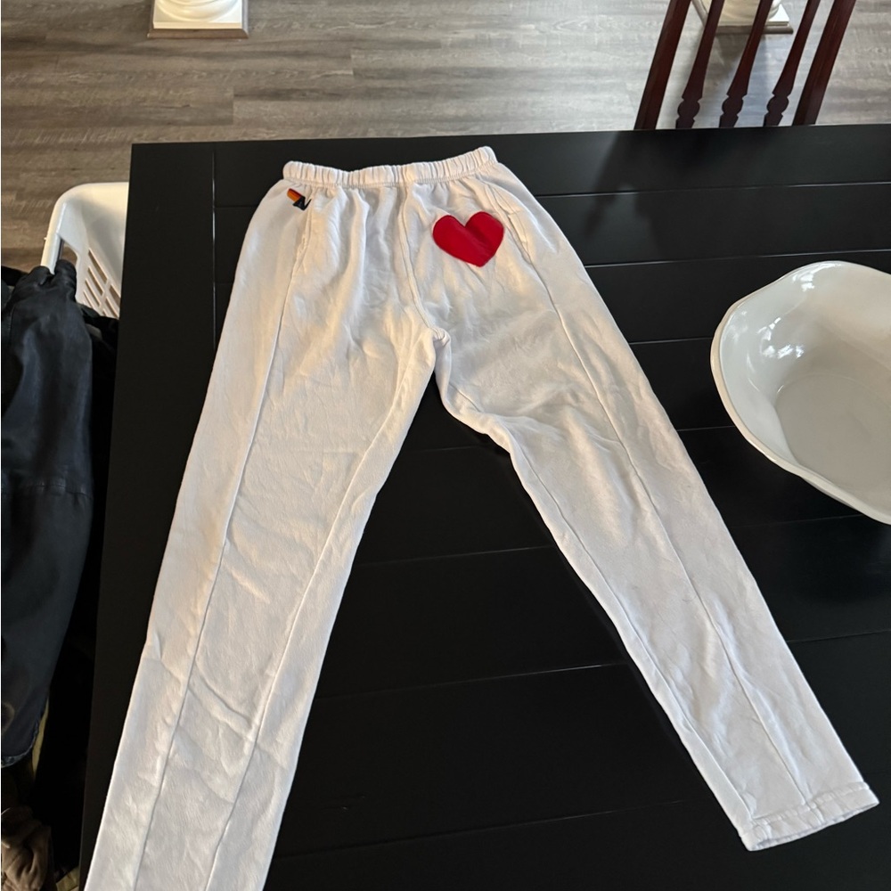 Aviator Nation White Track Pants with Red Heart Accent - Picture 2 of 4